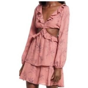 Open Edit Cutout Long Sleeve Pink Sketch Floral Mini Dress